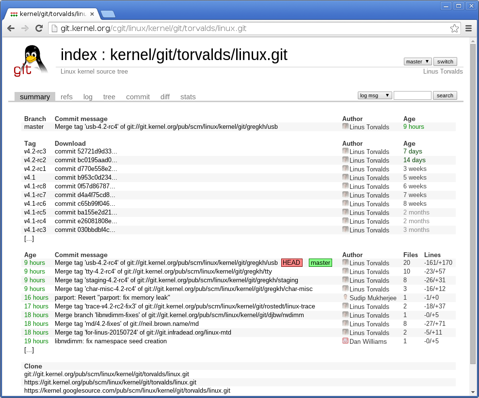 Screenshot showing several tags and commits by Linus Torvalds and one
commit by Sudip Mukherjee.
