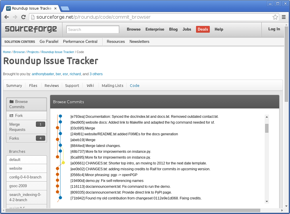 A screenshot with a list of buttons/items on the left and a graph with
commit messages on the right. The buttons/items on the left are:
  * Browse Commits (selected)
  * Fork
  * Merge Requests (1)
  * Forks (4)
  * Branches
      * default
      * website
      * config-0-4-0-branch
      * gsoc-2009
      * …
