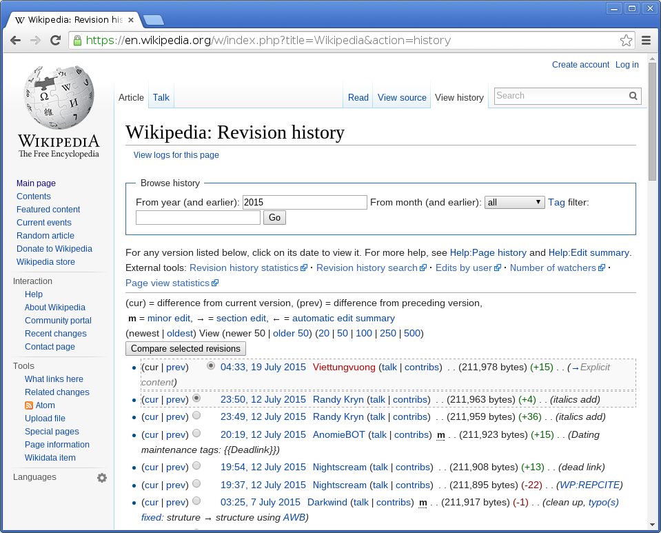 A screenshot with a linear revision history of the article on “Wikipedia”.
The title of the page is: “Wikipedia: Revision history”. The page allows
you to select two revisions (two revisions are already selected) and offers
a button “Compare selected revisions”.
